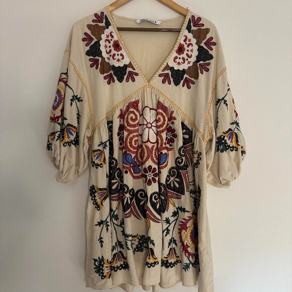 Zara Romy Tunic Mini Dress Embroidered Floral Linen Blend Boho - XS - Picture 3 of 10